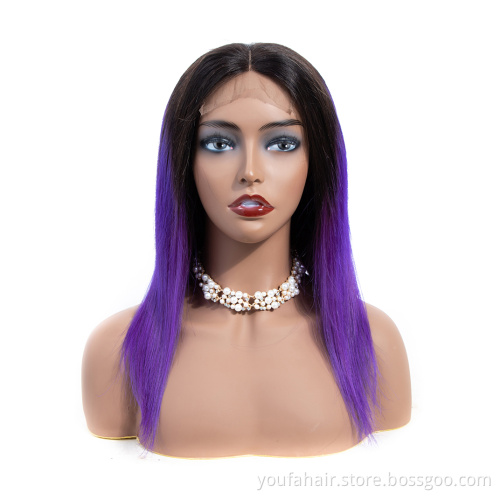 Top 12A Brazilian Virgin 100% Human Hair 4x4 HD Lace Closure Wigs Raw Hair Ombre Color 1b/purple Transparent Lace Frontal Wig